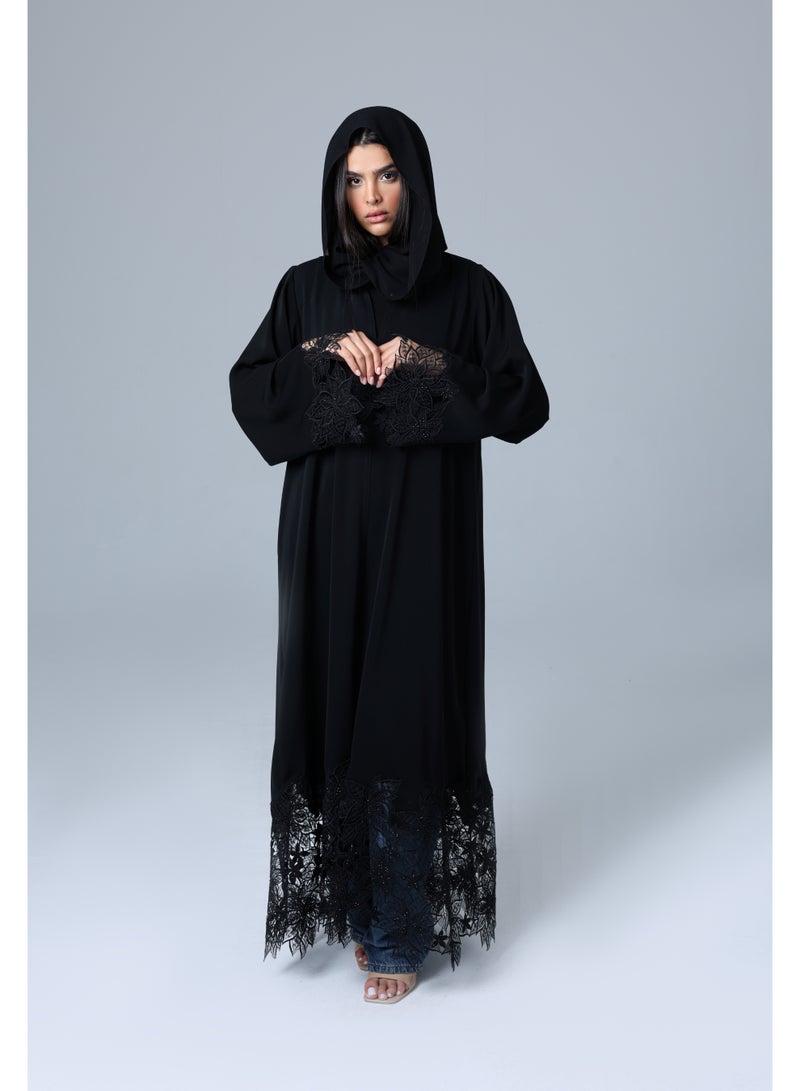 اكسا عباية أنيقة بأكمام وطرف دانتيل أسود - Image 1